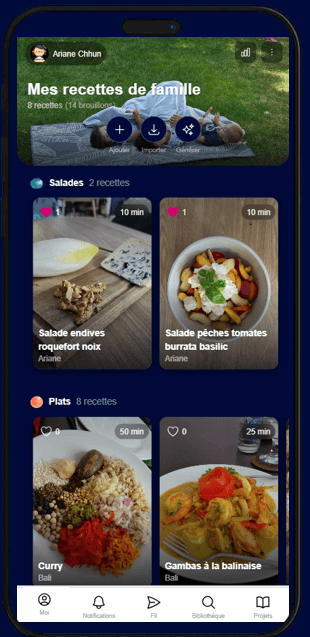 Interface Cocooko — liste de recettes dans un livre