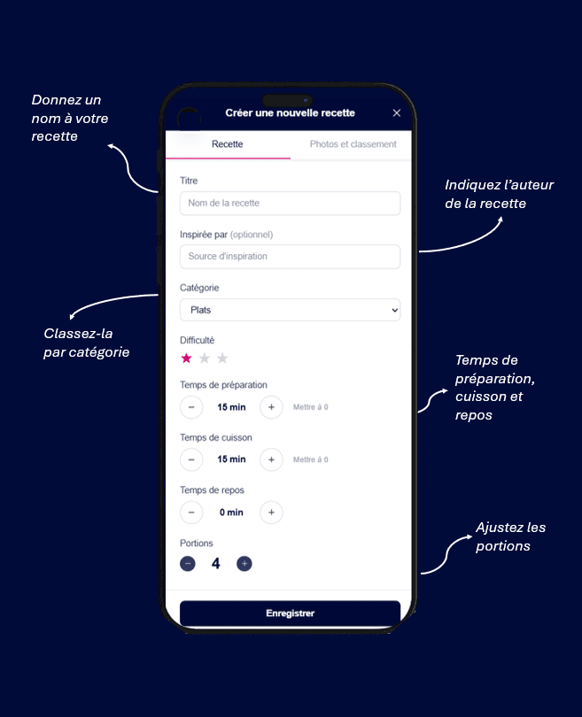 Écran de création d'une recette dans Cocooko